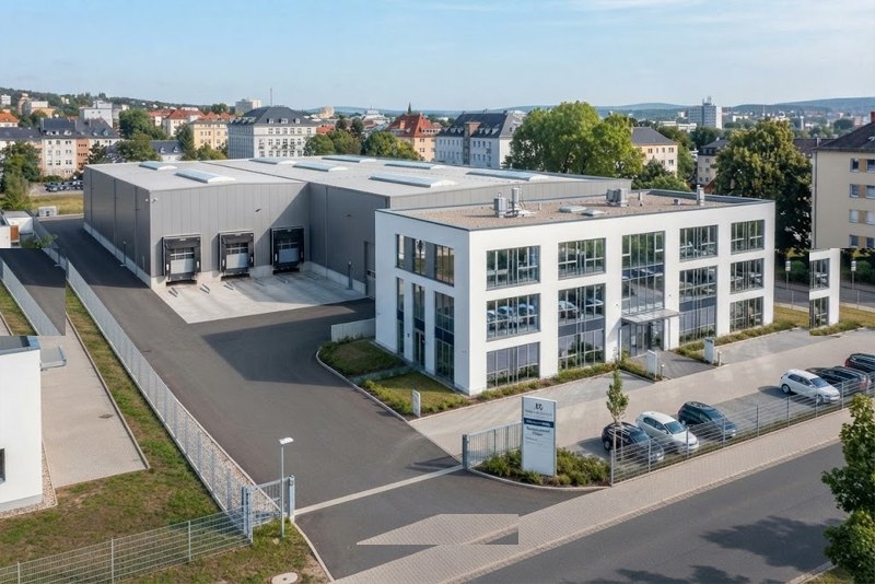 Bürogebäude und Lagerhalle in Plauen aus der Luft